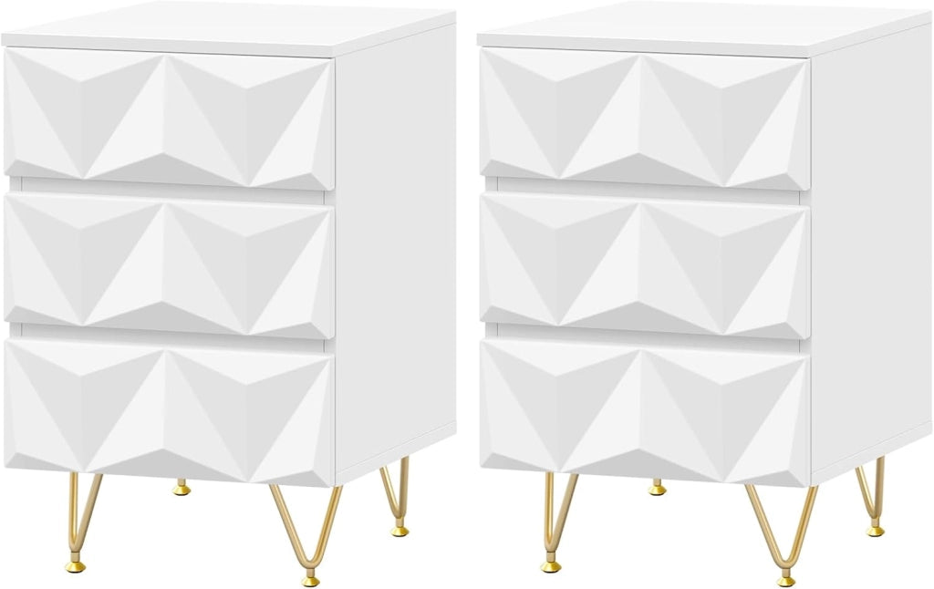 Set di 2 Comodino con 3 Cassetti, Frontale in Rilievo, Tavolino Cassettiera Moderno, 40x40x62,5 cm, Mobile da Letto per Camera da Letto, in Legno e Metallo, Bianco e Dorato, 0004CTG-2