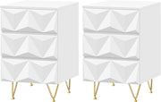 Set di 2 Comodino con 3 Cassetti, Frontale in Rilievo, Tavolino Cassettiera Moderno, 40x40x62,5 cm, Mobile da Letto per Camera da Letto, in Legno e Metallo, Bianco e Dorato, 0004CTG-2