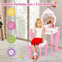 Toeletta Trucco per Bambina, Specchiera per Ragazzi in Legno, Postazione Trucco Robusto 2 in 1 con Cassetto, Sgabello e Specchio Staccabile, 49 x 34 x 86 cm, Bianco e Rosa