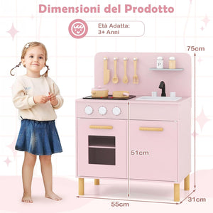 Cucina Giocattolo con Fornelli a Suoni e Luci Reali, Cucina per Bambini in Legno con Lavandelo Estrabile, Rubinetto e Forno, Set Cucina con 11 Accessori, 55 x 31 x 75 cm (Rosa)