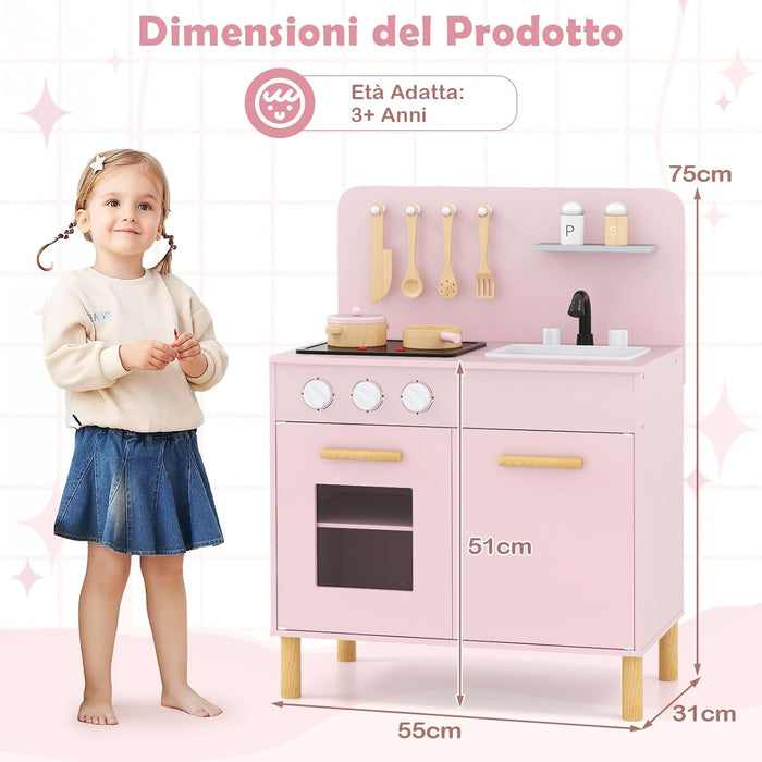 Cucina Giocattolo con Fornelli a Suoni e Luci Reali, Cucina per Bambini in Legno con Lavandelo Estrabile, Rubinetto e Forno, Set Cucina con 11 Accessori, 55 x 31 x 75 cm (Rosa)