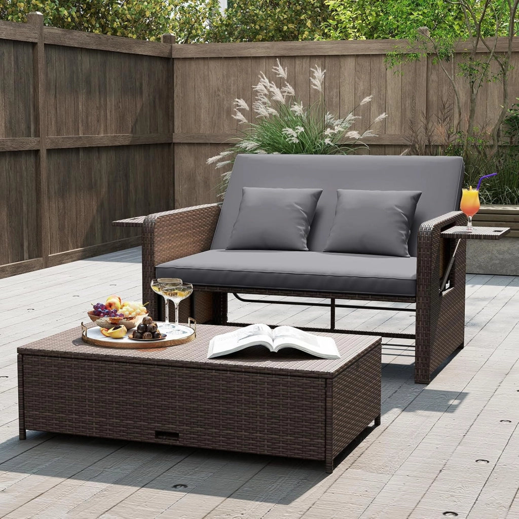 Lettino Prendisole in Rattan, Set 2 Pezzi con Divanetto & Pouf Contenitore, Schienale Regolabile a 4 Livelli e Tavolini Laterali Pieghevoli, Sdraio Doppia per Giardino e Piscina (Grigio)