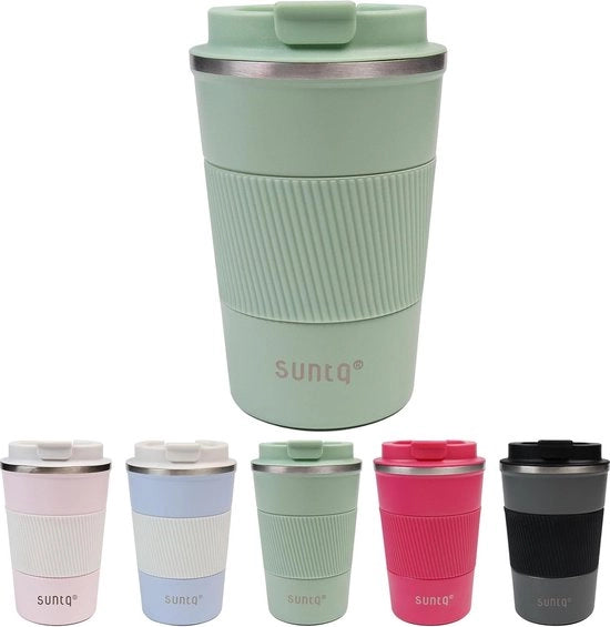 Tazza da caffè portatile in acciaio inox, tazza termica con manico di gomma, isolata a doppia parete, tazza da caffè con coperchio ermetico, riutilizzabile, 380 ml, verde menta