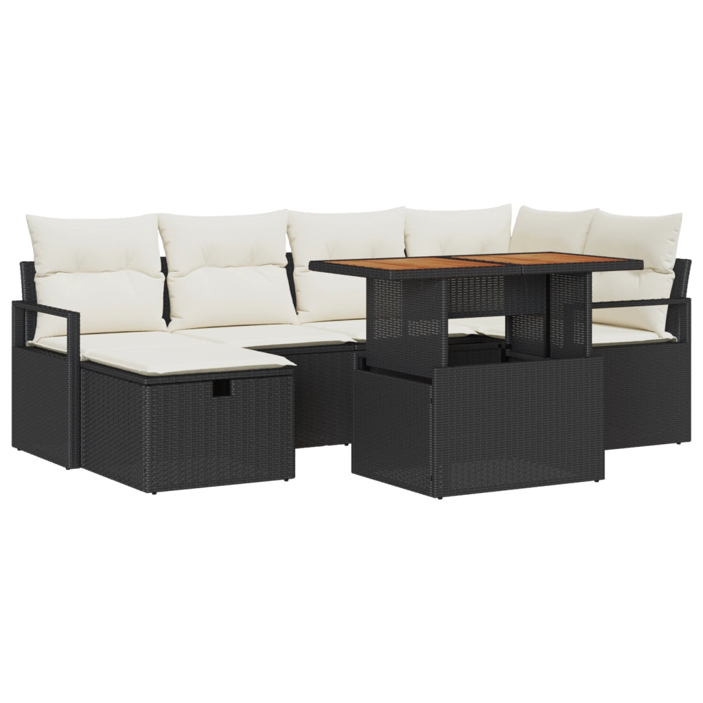 Set Divano Giardino da 7 Pezzi con Cuscini Nero Rattan Polimerico