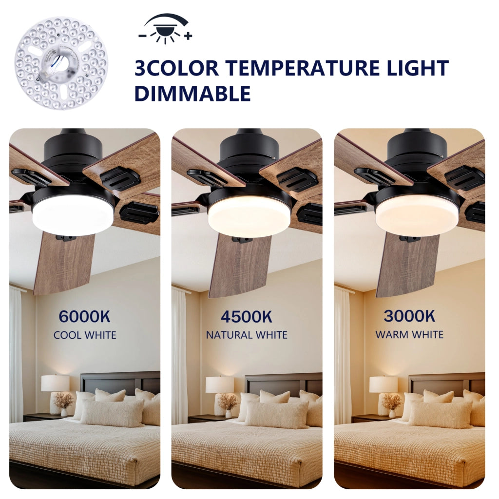 Ventilatore da soffitto 42 pollici con luce LED dimmerabile; 6 velocità; nero e noce