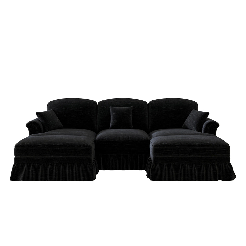 Divano Modulare U a 5 Posti in Chenille con Poggiapiedi ¨C MINIMAL ¨C Nero, Morbido