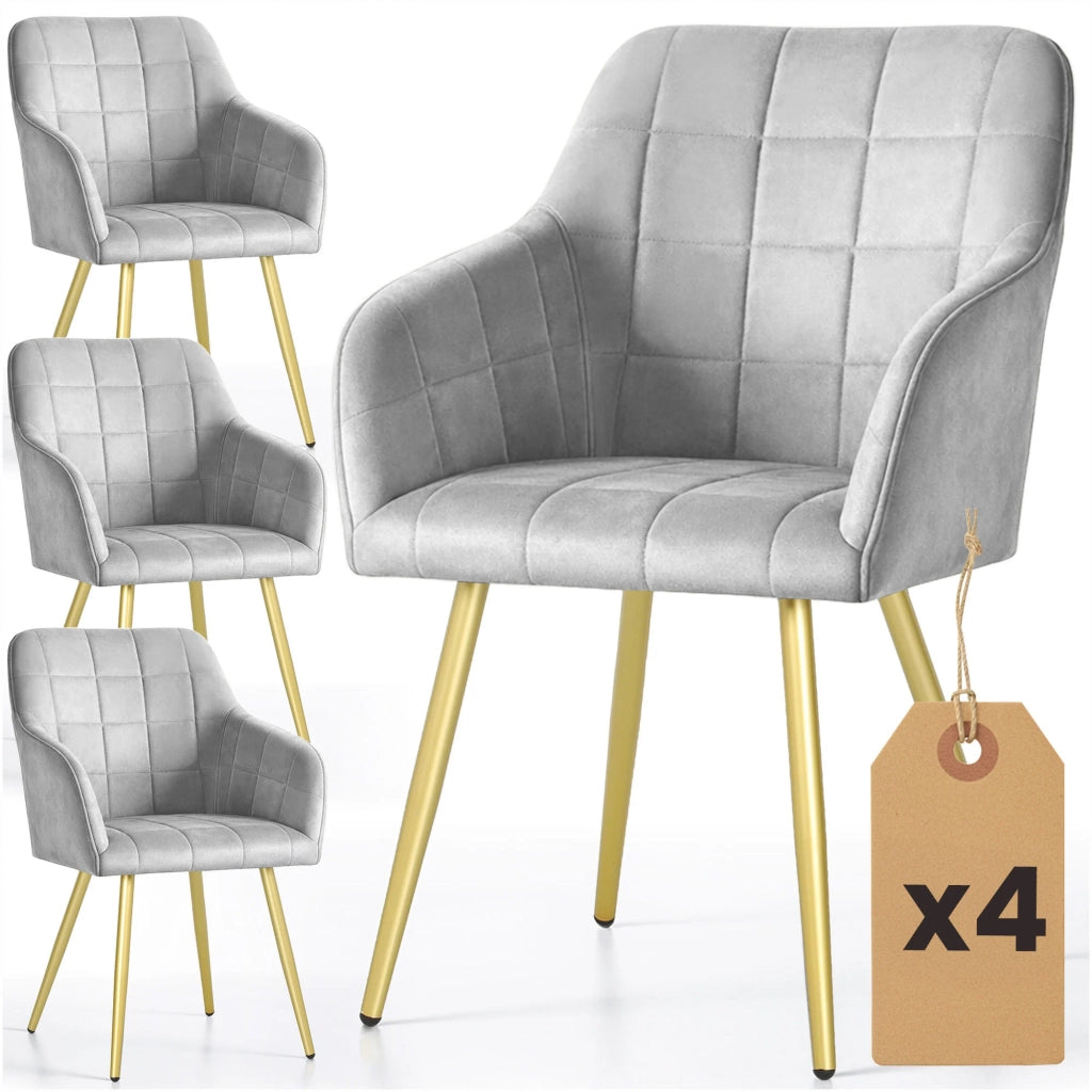 Set di 4 Sedie imbottite con cuciture quadrate LUXANO Grigio gambe oro