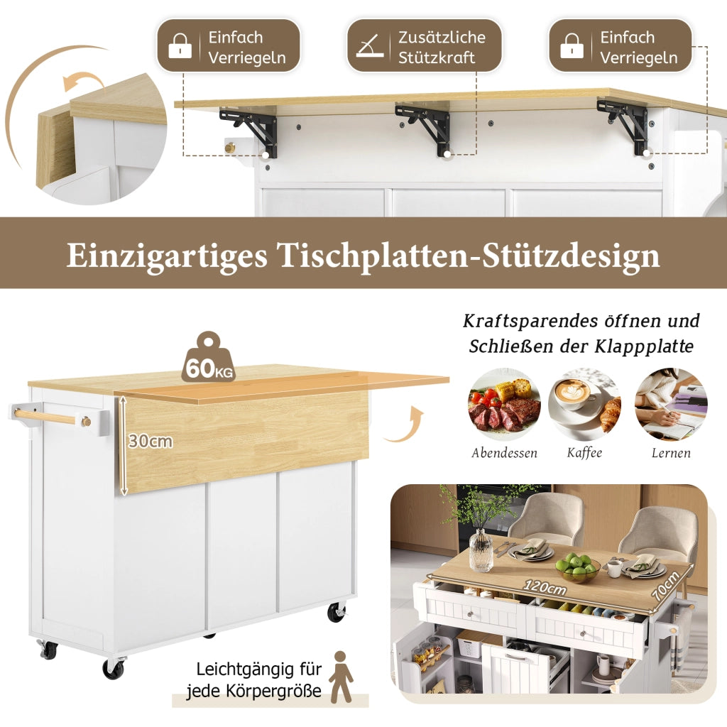 Carrello da Cucina con 2 Cassetti; Ripiani Regolabili; Portasciugamani e Piano Ribaltabile per Cucina; in MDF; 140x40-70x92 cm