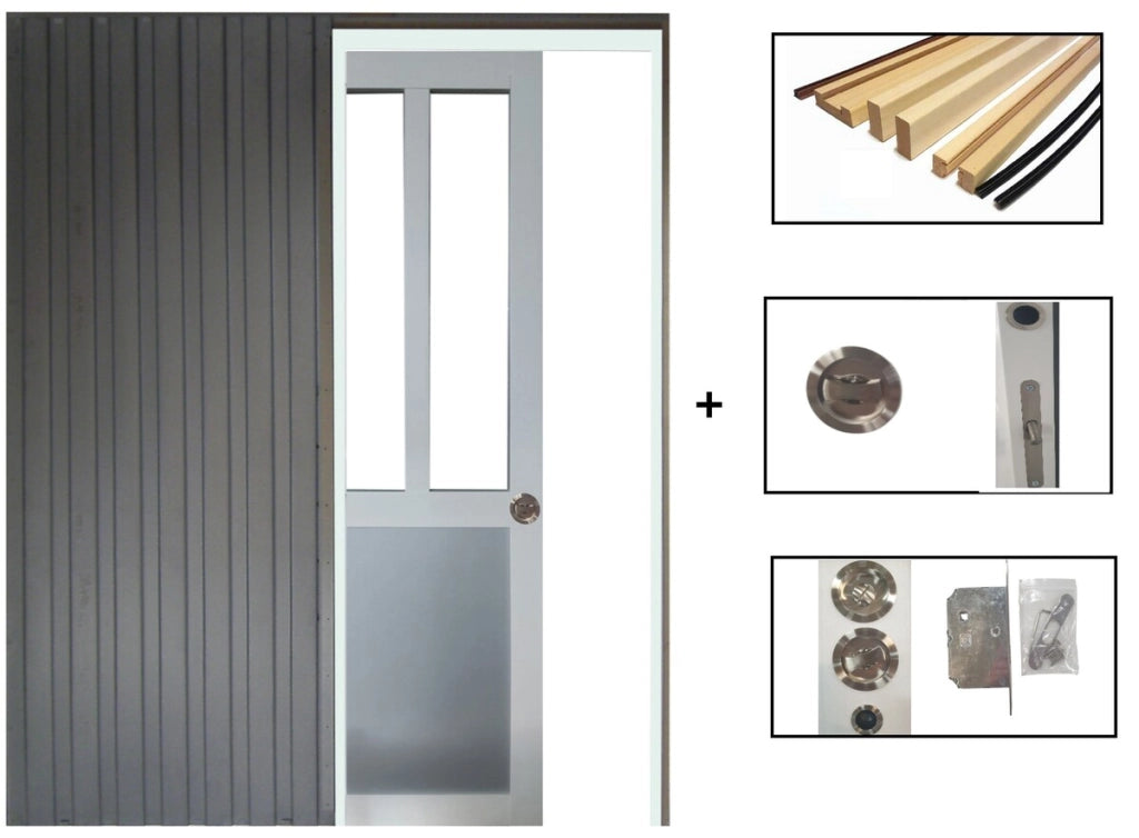 Porta Scorrevole Workshop Bianca e Pannelli Vetro Grigio RAL7035 H204 x L73 + Sistema Pocket e kit di finitura inclusi