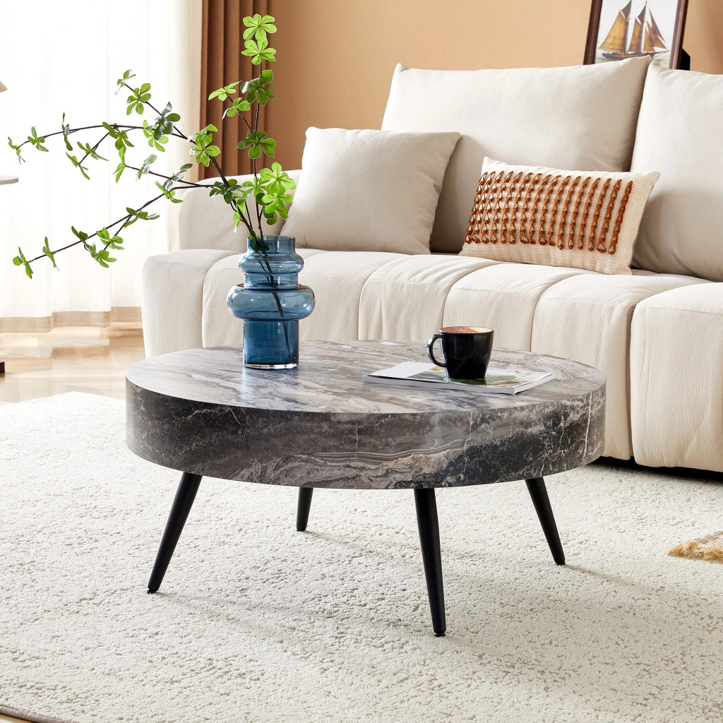 Tavolino da salotto rotondo con gambe in metallo; piano in MDF effetto marmo grigio; piedini regolabili e antiscivolo per soggiorno; 70 cm
