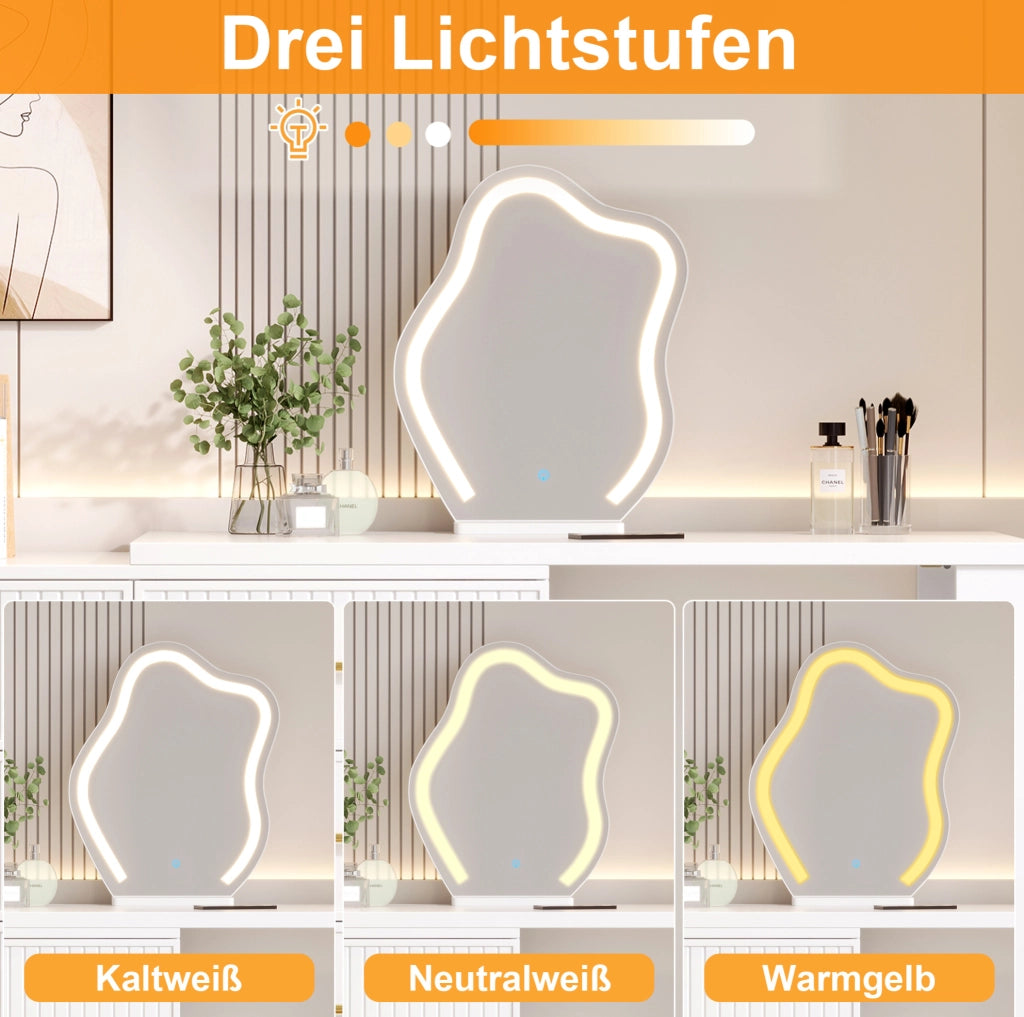 Toeletta girevole con specchio LED, 6 cassetti, bianco e oro, 110×40×129 cm