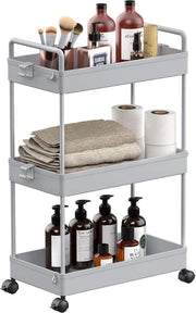 Trolley 3 livelli con ripiegamento, carrello slittabile per spese, carrello rotante per mobili, organizzatore per cucina, bagno, lavanderia, camera da letto, spazi angusti, plastica, grigio