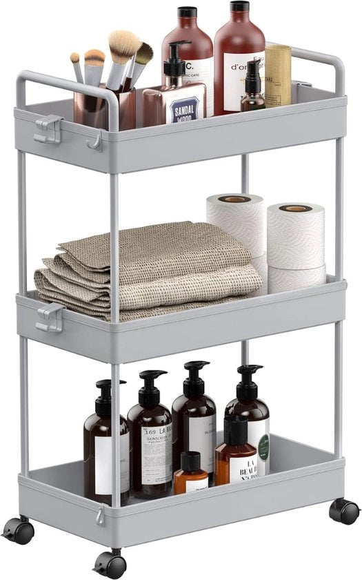 Trolley 3 livelli con ripiegamento, carrello slittabile per spese, carrello rotante per mobili, organizzatore per cucina, bagno, lavanderia, camera da letto, spazi angusti, plastica, grigio
