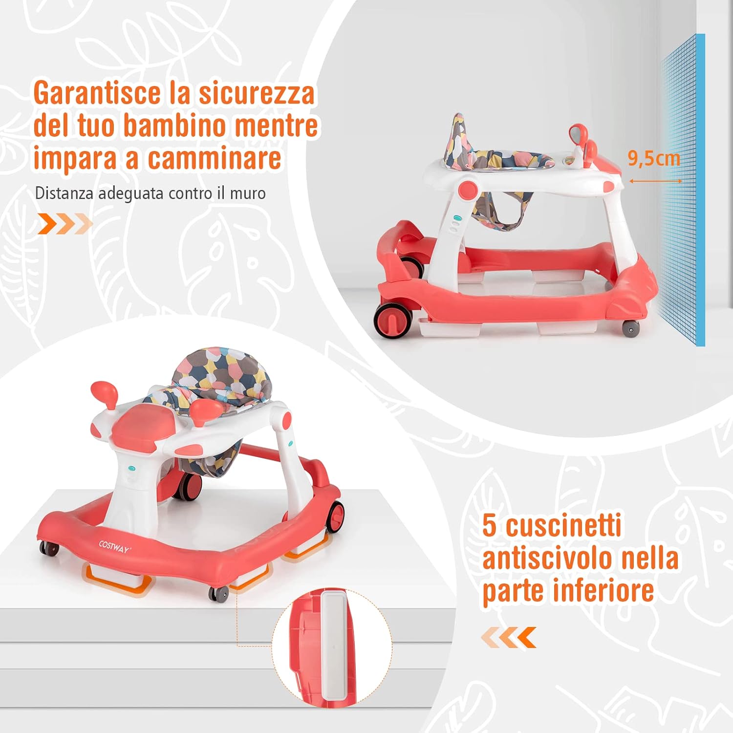 Girello per bambini 2 in 1, Girello con Altezza e Velocità Regolabili, Carillon con Luci e Cuscino Comodo, Primi Passi per Bambini 6-18 Mesi, Capacità di carico: 15 kg (Arancia)