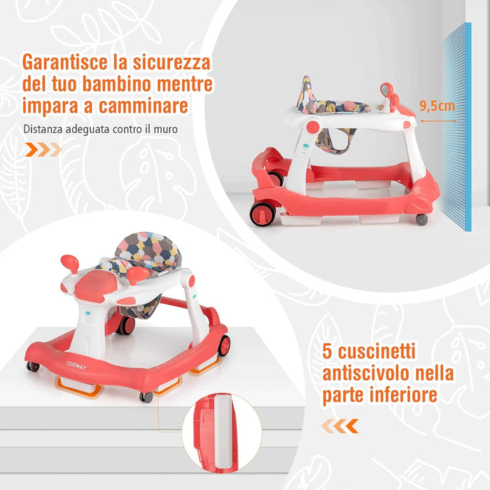 Girello per bambini 2 in 1, Girello con Altezza e Velocità Regolabili, Carillon con Luci e Cuscino Comodo, Primi Passi per Bambini 6-18 Mesi, Capacità di carico: 15 kg (Arancia)