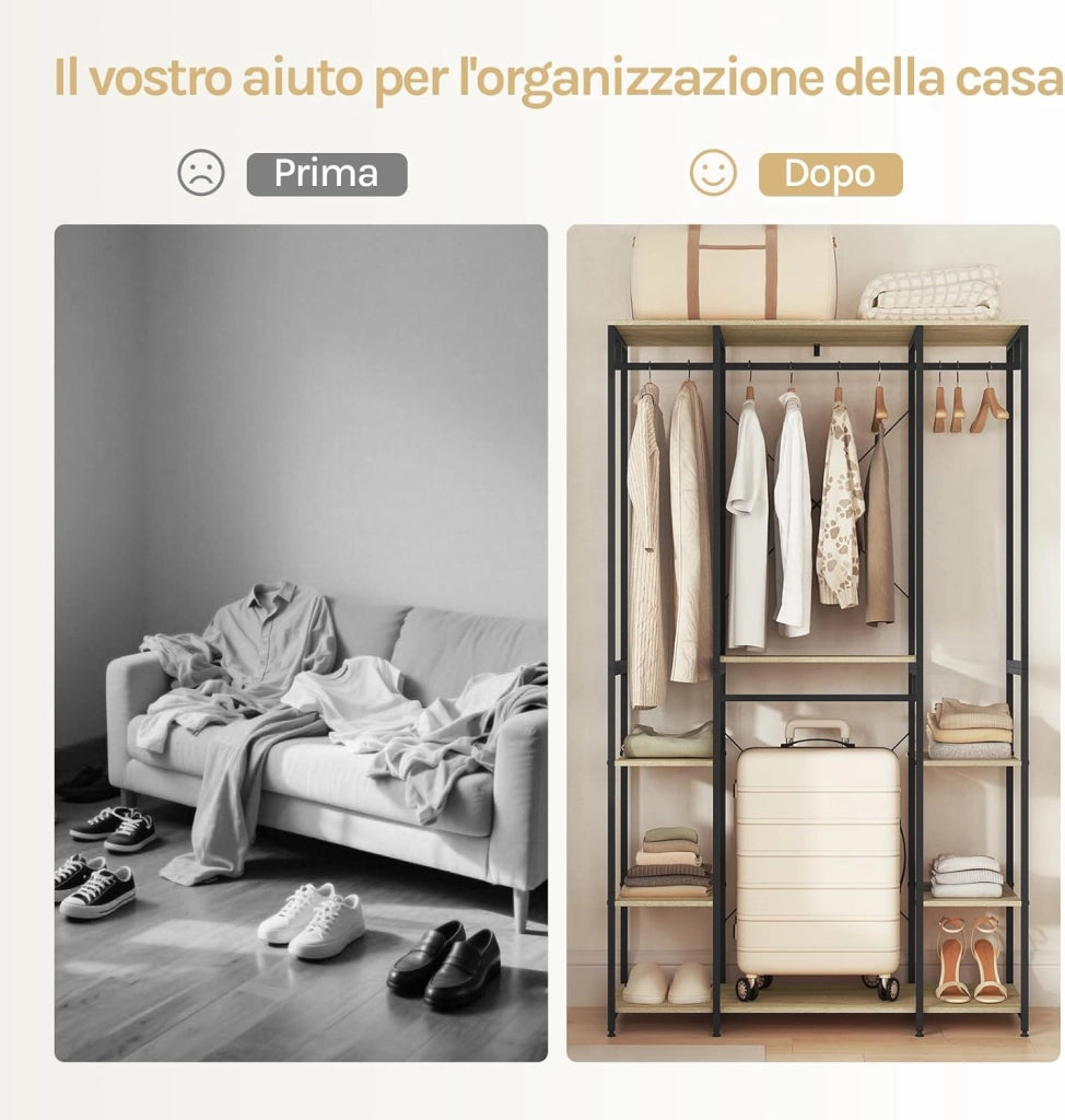 Stand Appendiabiti con Ripiani Attaccapanni Guardaroba Scaffale Porta Abiti in Legno Acciaio 120x40x201 cm