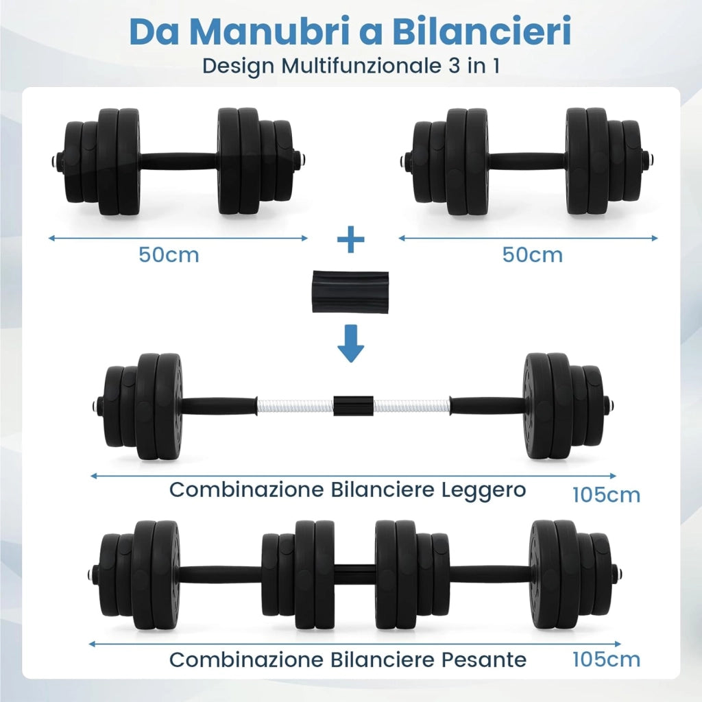 Set di 2 Manubri Regolabili 30 Kg, Bilanciere da Palestra con Barra di Collegamento e Copertura Protettiva in Gomma, Attrezzature per Allenamento a Casa