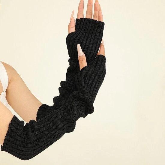 Mouche da donna per inverno, cappuccio lungo in lana a maglia senza dita con fori per le dita, colore nero
