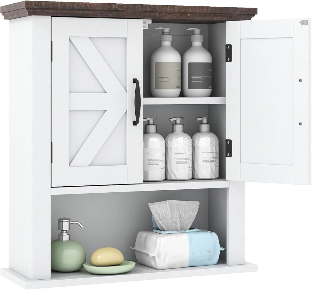 Mobile da Parete per Bagno, Mobiletto Bagno a Muro in Stile Rustico con Ripiano Regolabile e Scomparto Aperto, Armadietto per Soggiorno, Cucina e Ingresso, 55 x 19 x 60 cm (Bianco)
