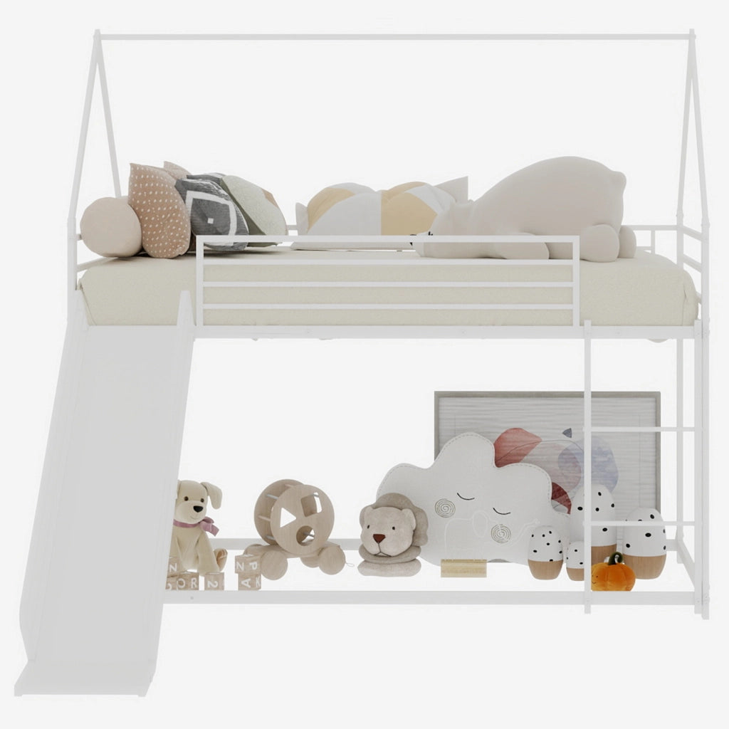 Letto a castello per bambini 90 × 190 cm con scivolo, scala e sponde di sicurezza, senza materasso, in ferro, bianco
