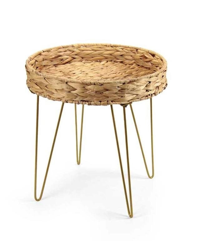 TAVOLINO TONDO IN PAGLIA GIACINTO D'ACQUA E METALLO CON GAMBE ORO IN METALLO EFFETTO VIMINI D.38X40 H CM ARREDO