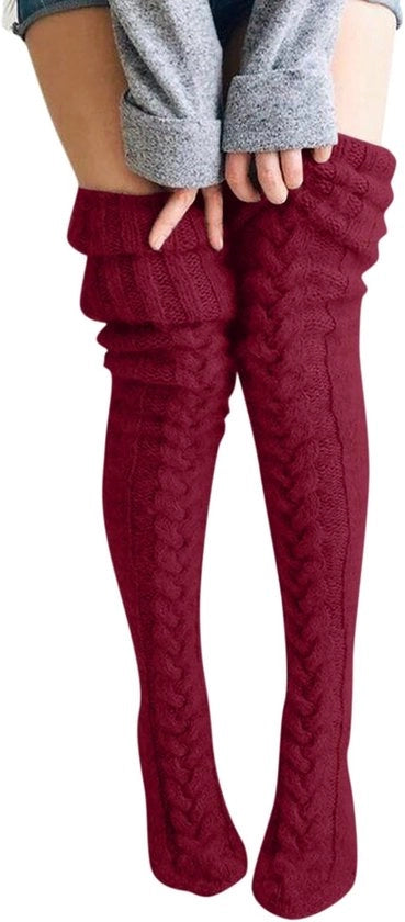 Calze a maglia di lana, calzettoni per donna, calzettoni per gambe lunghe, calze cavi a vita alta (rosso bordeaux) 105cm