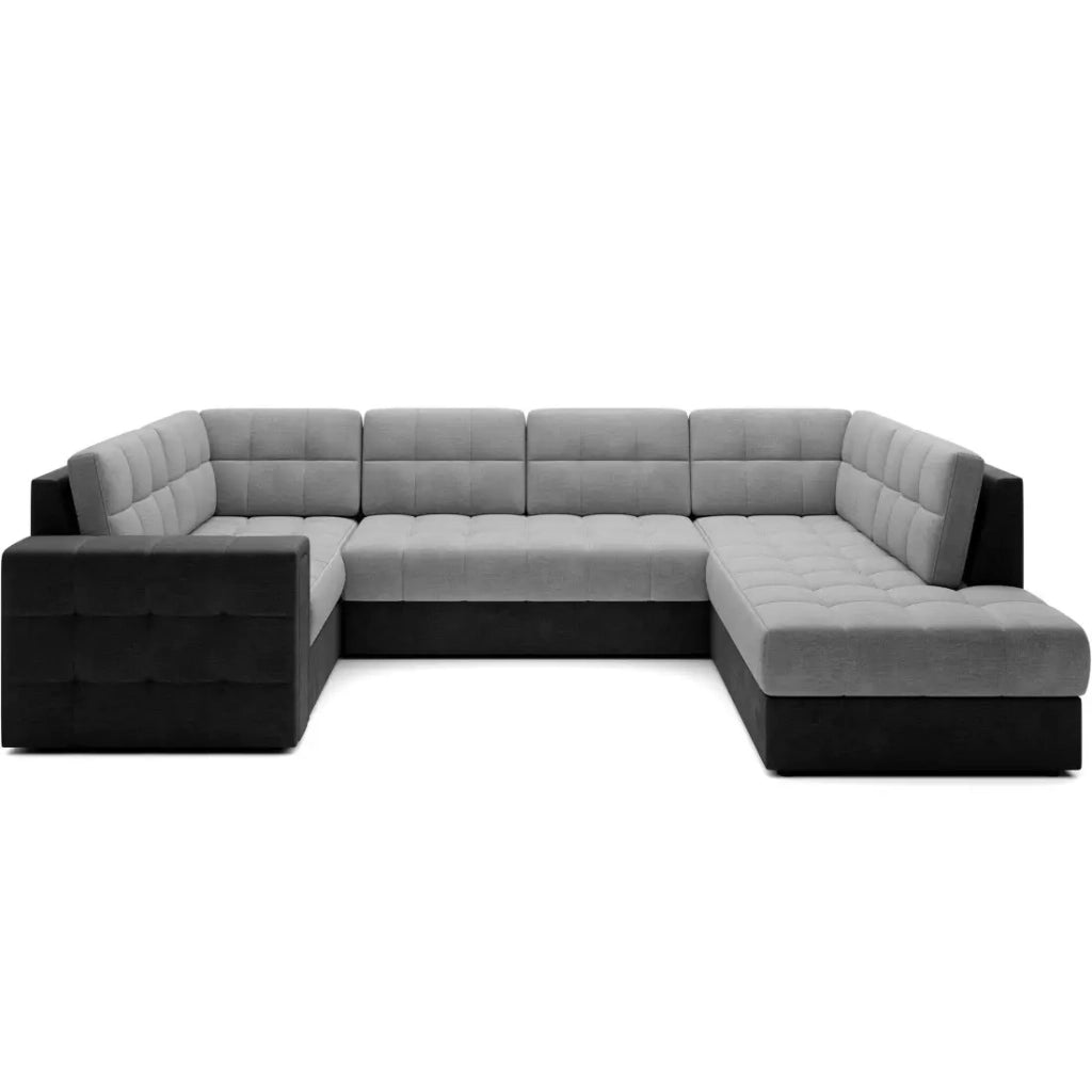 Divano angolare trasformabile MONTEZA nero e grigio 299 cm con vano contenitore e letto