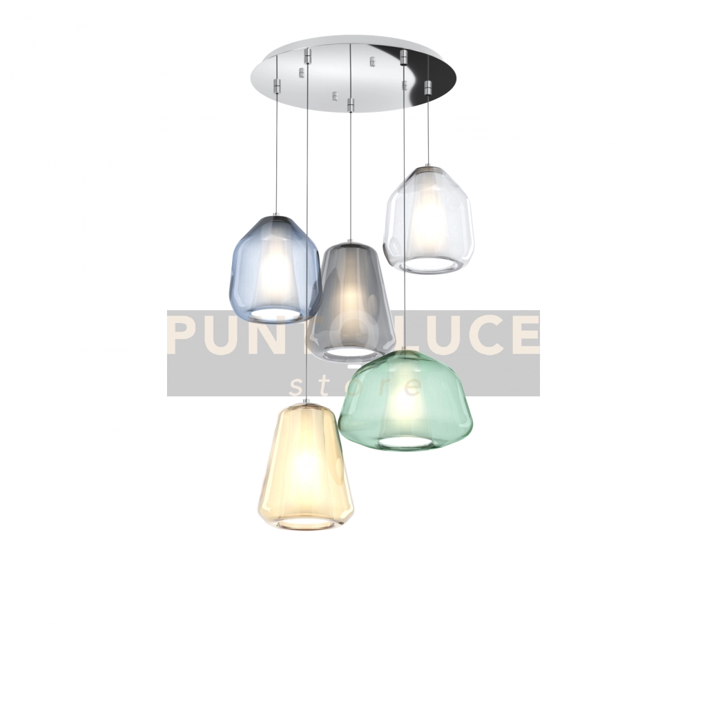 SOSPENSIONE CROMO 5 LUCI TONDA VETRI (ALPHA VE) (BETA TR + BLU) (GAMMA FU + AM) 1176CR-S5 T ABG-MC