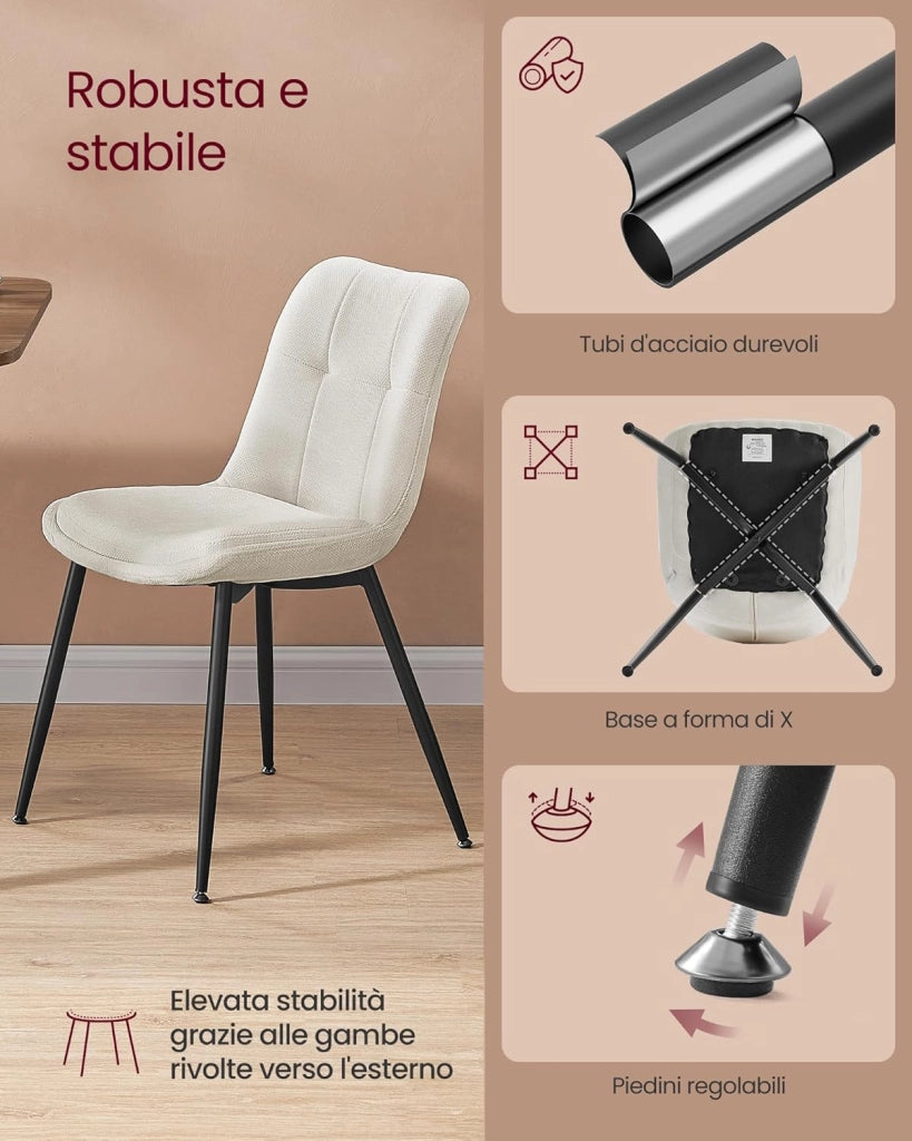 VASAGLE Set di 2 Sedie da Pranzo, Sedia da Cucina, Sedia Imbottita, Tessuto Chenille, Portata 120 kg, Doppio Cuscino, Gambe in Metallo, Moderno, per Sala da Pranzo, Cucina, Bianco Crema KDC151W01