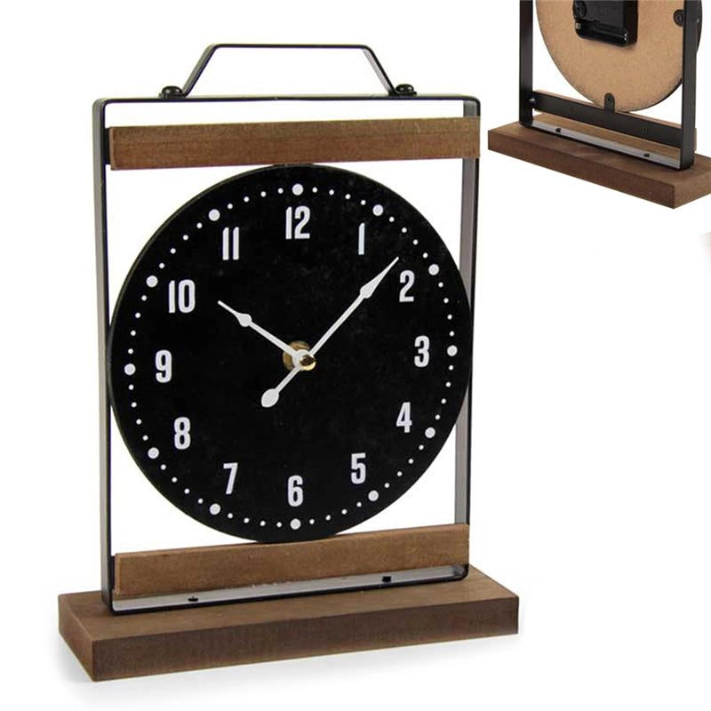 OROLOGIO DA TAVOLO IN METALLO NERO E LEGNO 20X7X26CM