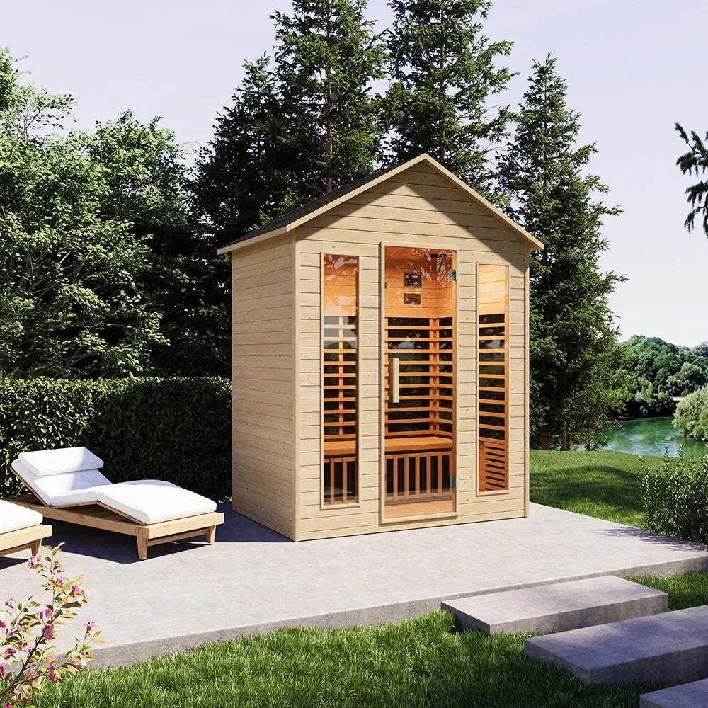 Sauna da esterno infrarossi 120x180 cm H208 da 2 o 4 posti in legno di abete con radio integrata | Pori