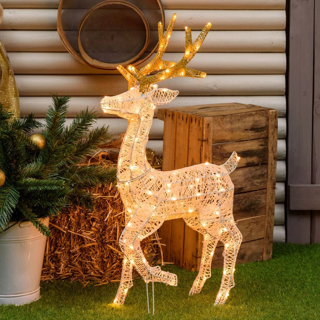Renna con zampa alzata 3D Light Cream & Brown h 85 cm, 120 led bianco extra caldo