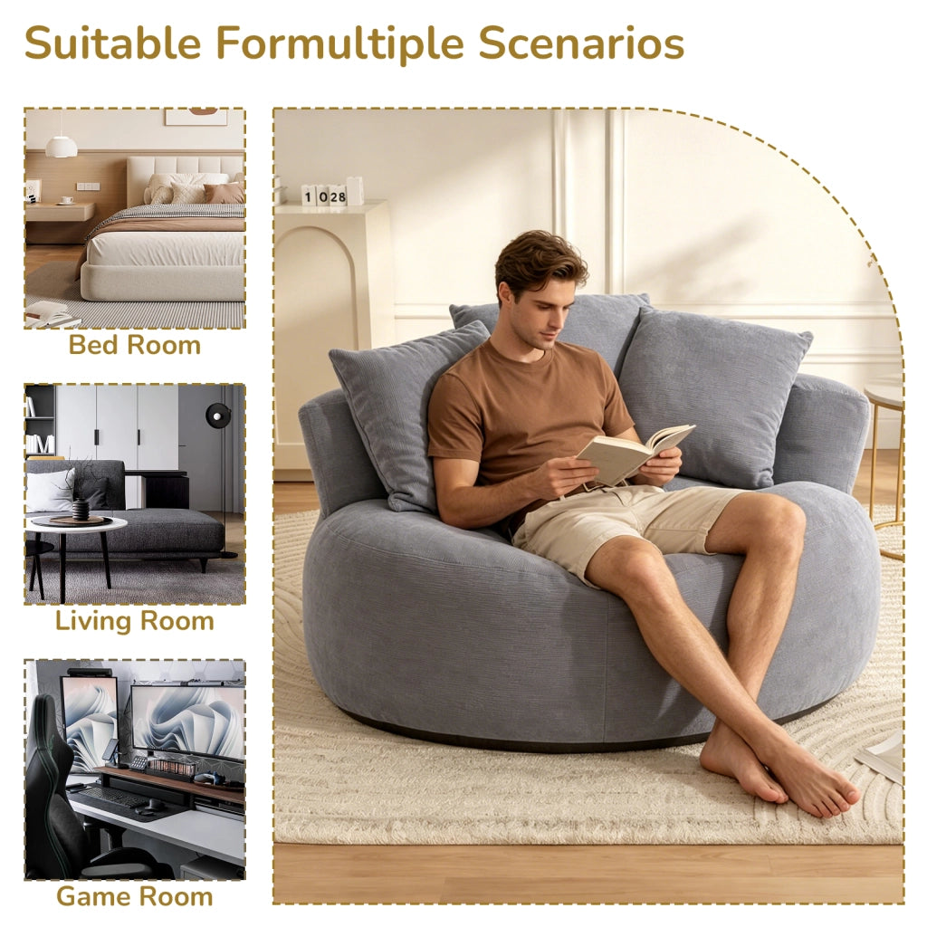 Pouf rotondo in velluto a coste con schiuma ad alta resilienza per relax e studio grigio 52 × 42 × 33 cm