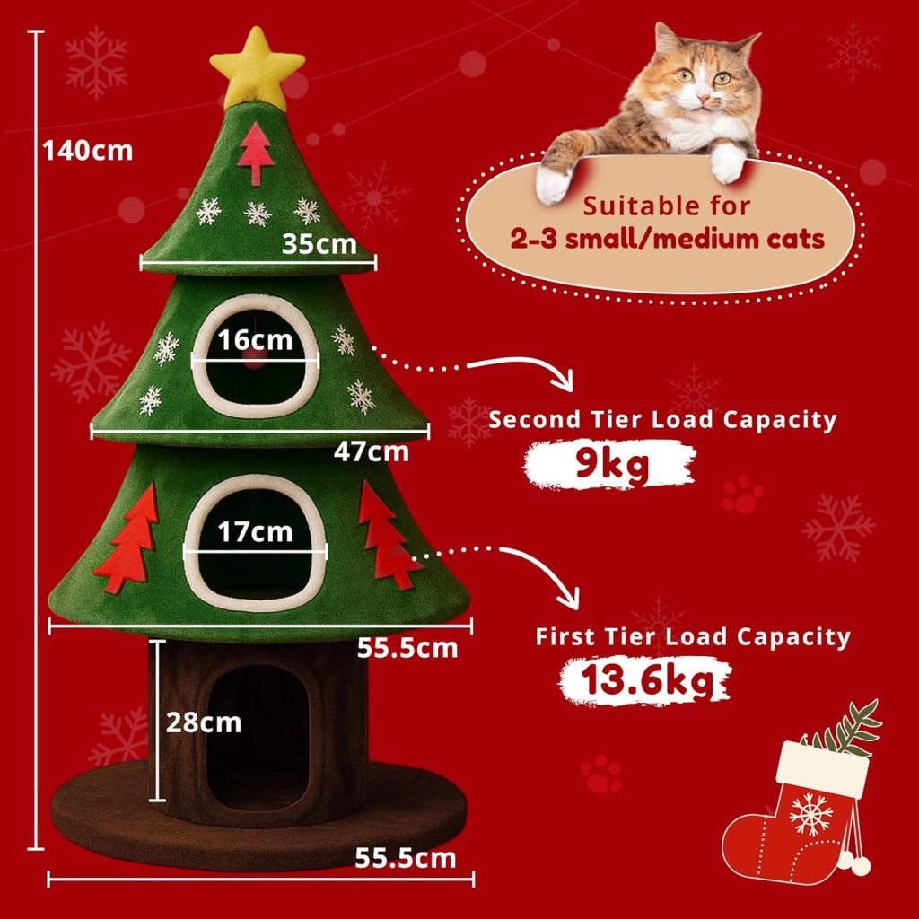 COMHOAM Tiragraffi alto 135 cm, design albero di Natale a più piani con casetta per gatti, con colonna tiragraffi, palla da gioco, albero da arrampicata stabile per gatti, verde