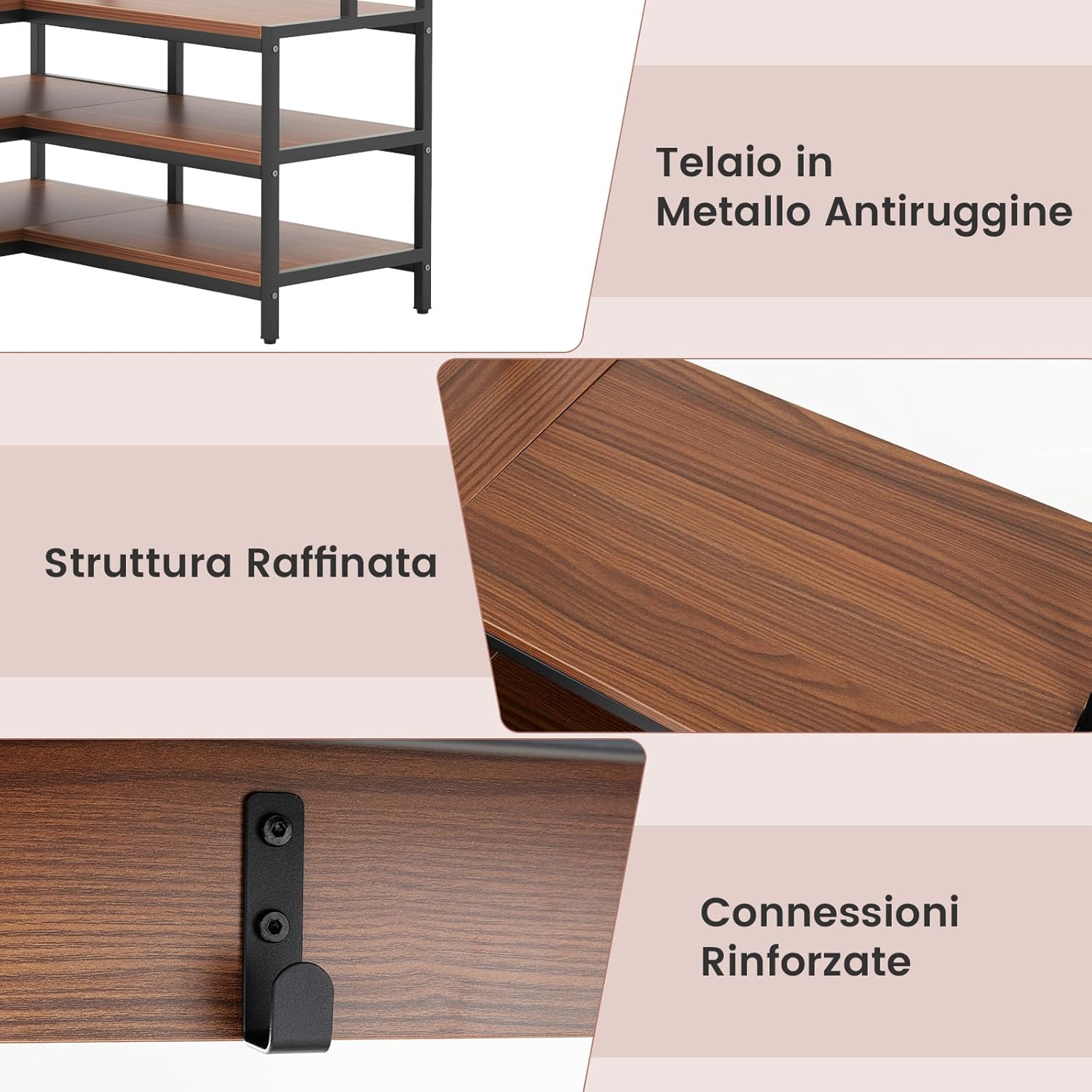 Stand Appendiabiti Angolare, Appendiabiti a Forma L con Ripiani Aperti 7 Ganci e Panca per Scarpe, Struttura in Metallo e Piedini Regolabili, 90x90x178 cm (Marrone)