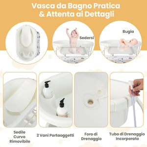 Fasciatoio con Vaschetta per Bambini, Vasca da Bagno per Neonati, Fasciatoio Pieghevole con Materassino, Cestino Portaoggetti, Ruote con Freno, Portata 35kg+15kg (Bianco)