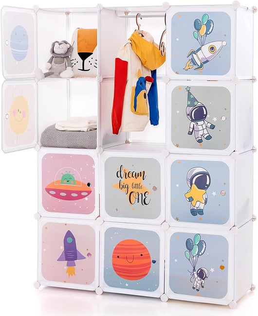 Portatile Guardaroba per Bambini, Armadio Guardaroba Modulare per Bambini con 2 Barre Appendiabiti, per Cameretta Camera da Letto, 107 x 36 x 142 cm (Bianco)
