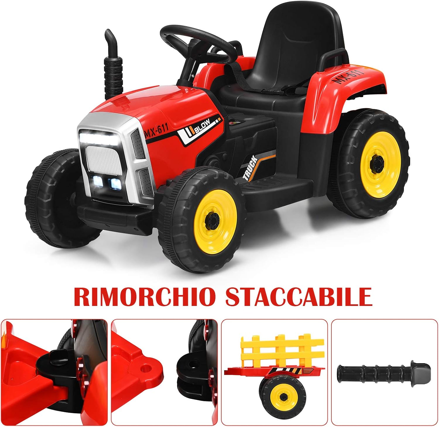 Trattore con Rimorchio Cavalcabile per Bambini 12V, Trattore Elettrico Telecomandato, con Luci e Suoni, 30kg, 3+ Anni (Rosso)