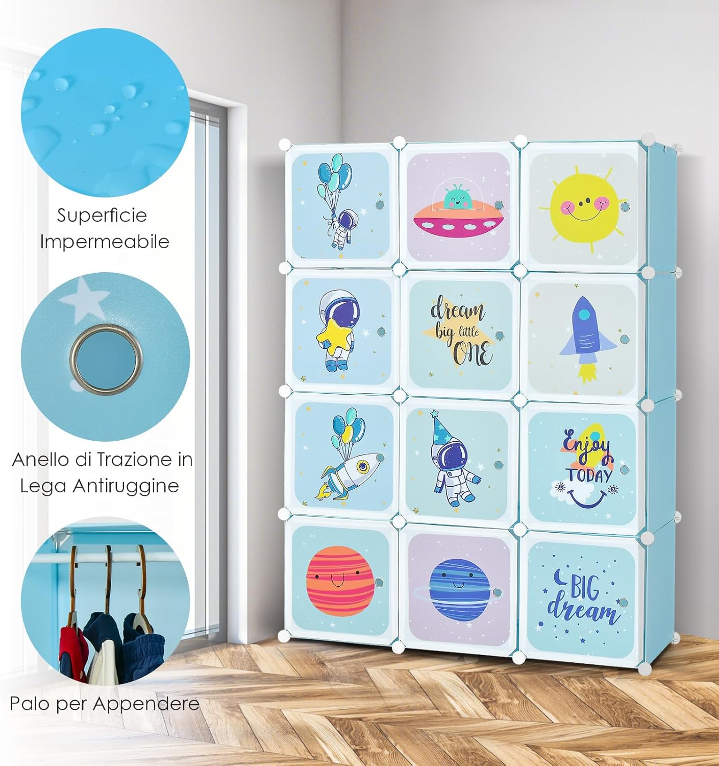 Portatile Guardaroba per Bambini, Armadio Guardaroba Modulare per Bambini con 2 Barre Appendiabiti, per Cameretta Camera da Letto, 107 x 36 x 142 cm