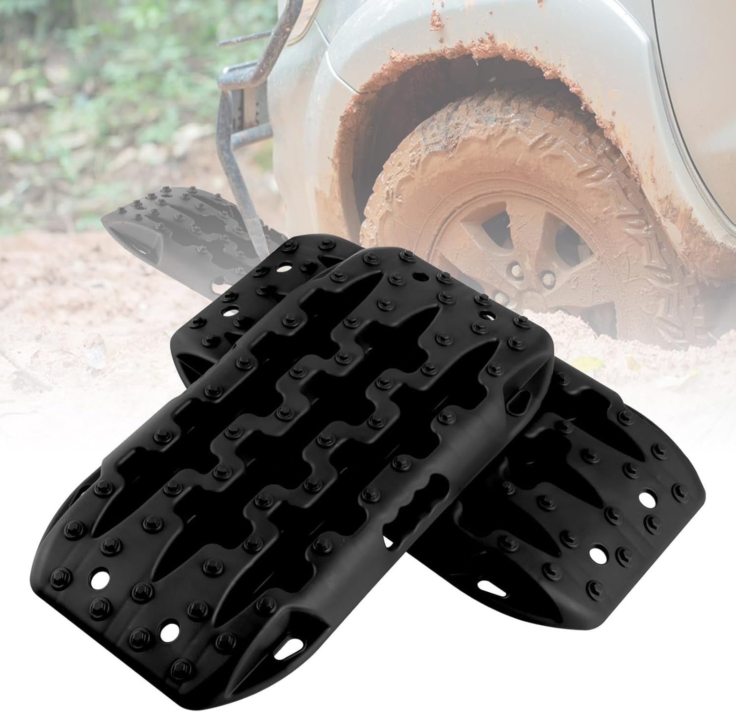 Tappetino di Trazione 2 Pezzi, Carico 10T, Piastre di Trazione per SUV Camper Auto Camion, Tavola di Recupero per Piste Offroad, per Sabbia, Neve, Fango (Nero, 58 x 31 x 6 cm)