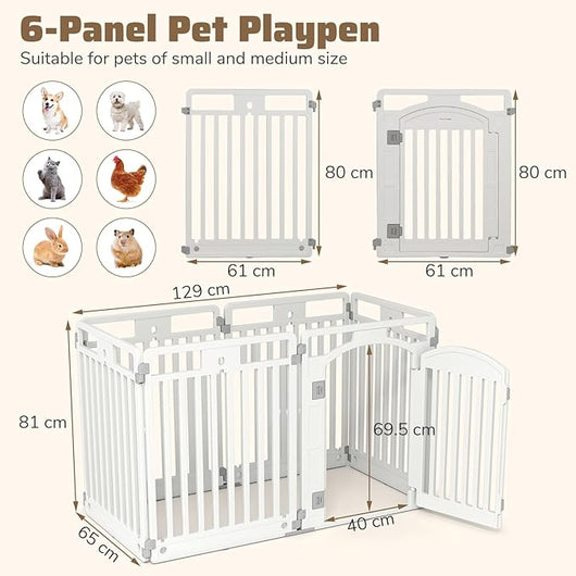 Recinto per Cani a 6 Pannelli, Recinto Pieghevole e Portatile per Animali con Porta di Bloccaggio e Picchetti da Terra, Ideale per Animali di Taglia Piccola e Media, 129 x 65 x 81 cm