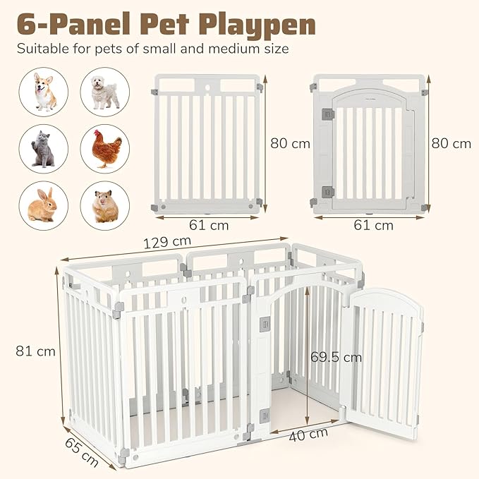 Recinto per Cani a 6 Pannelli, Recinto Pieghevole e Portatile per Animali con Porta di Bloccaggio e Picchetti da Terra, Ideale per Animali di Taglia Piccola e Media, 129 x 65 x 81 cm