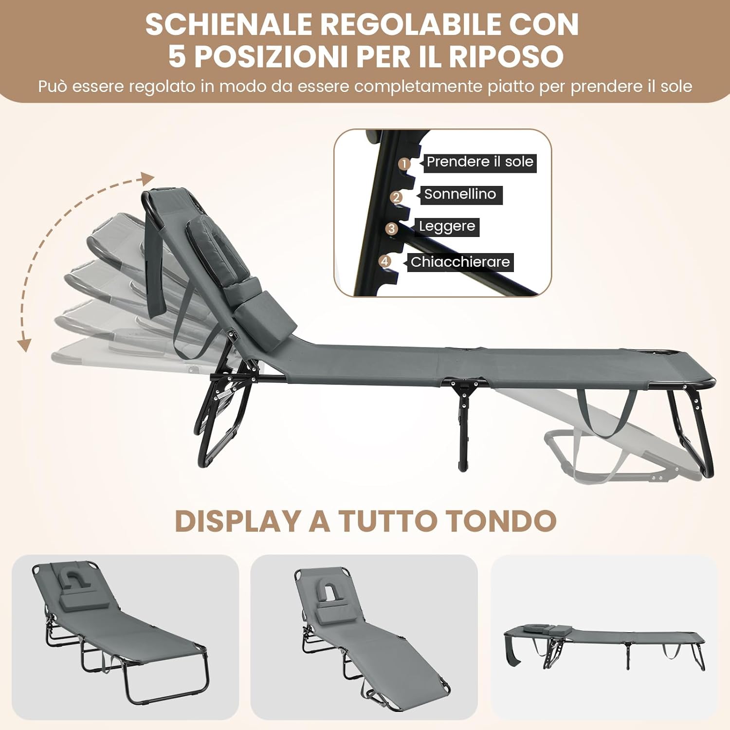 Lettino Prendisole con Foro per Viso, Sdraio da Spiaggia Pieghevole con Cuscini, Schienale Regolabile in 5 Posizioni, Lettino Portatile Portata 160 kg, 63 x 194 x 37 cm (Grigio)