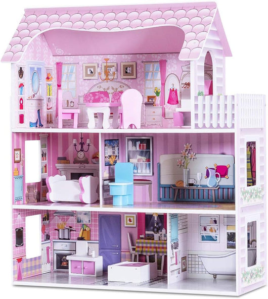 GIANTEX Casa delle Bambole in Legno, Set Giocattoli per Bambole, Casetta a 3 Piani con Mobili per Bambini, Giocattoli per Camera dei Bambini, Rosa 62x27x70cm