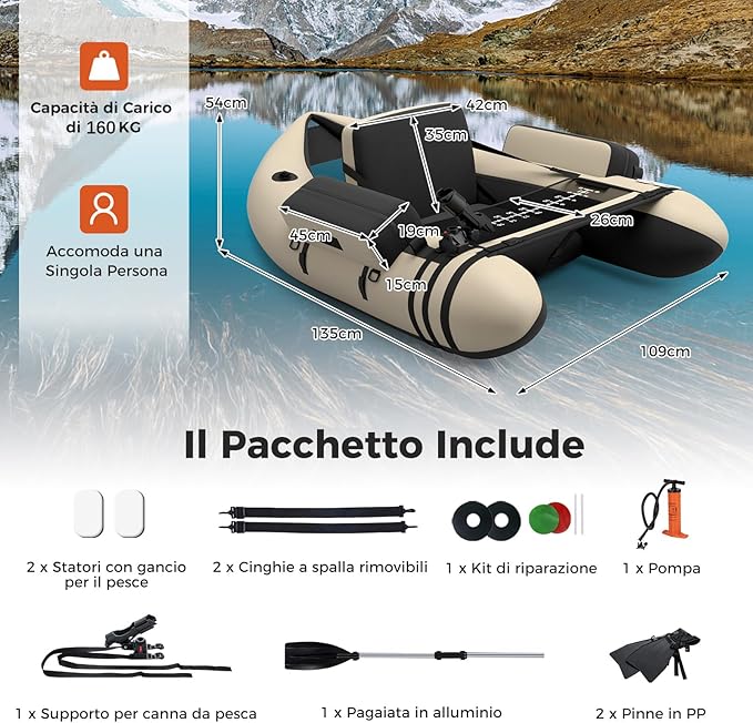 Belly Boat da Pesca Portatile, Gommone Gonfiabile da Pesca con Porta Canne Regolabile, Pompa, Pagaia in Alluminio, Spallacci e Kit di Riparazione, Barca da Mare con 2 Pinne, capacità 160kg