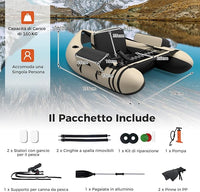 Belly Boat da Pesca Portatile, Gommone Gonfiabile da Pesca con Porta Canne Regolabile, Pompa, Pagaia in Alluminio, Spallacci e Kit di Riparazione, Barca da Mare con 2 Pinne, capacità 160kg