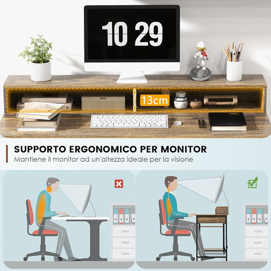 Scrivania con Cassetti, Supporto per Monitor e Ripiani Aperti, Scrivania Salvaspazio per Computer con Struttura in Metallo, Scrittoio per Studio e Ufficio, 120 x 56 x 90,5 cm, Marrone