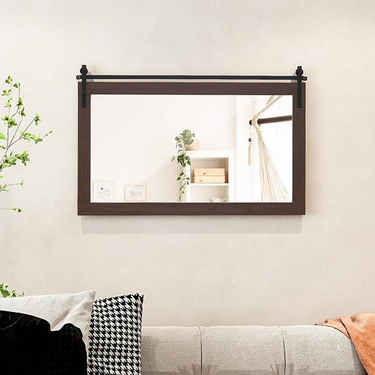 Specchio da Parete 100 x 66 cm, Specchio Rettangolare con Cornice in Legno Massiccio e Staffa in Metallo, Decorazione da Parete per Soggiorno Ingresso Bagno, Marrone (Noce)
