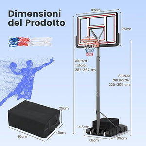 Canestro da Basket Regolabile 225-305 cm in Altezza per Bambini ed Adulti, Canestro con Piantana a Ruote e Manovella, Canestro con Base Riempibile per Interno ed Esterno, Nero