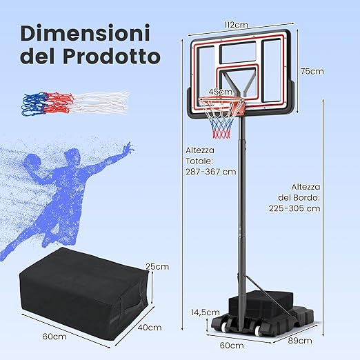 Canestro da Basket Regolabile 225-305 cm in Altezza per Bambini ed Adulti, Canestro con Piantana a Ruote e Manovella, Canestro con Base Riempibile per Interno ed Esterno, Nero
